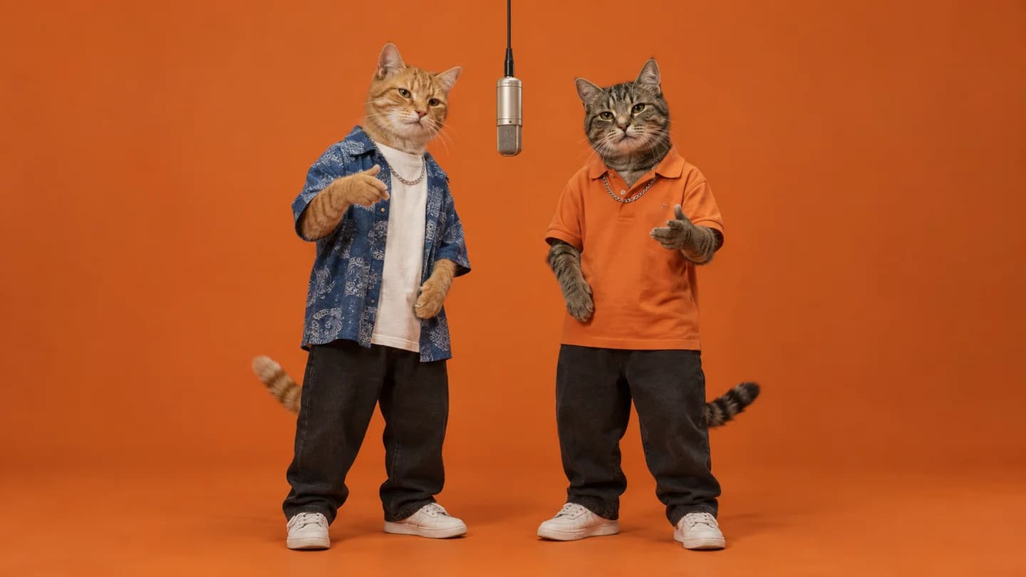 Example: two cats performing under a hanging microphone in the orange studio