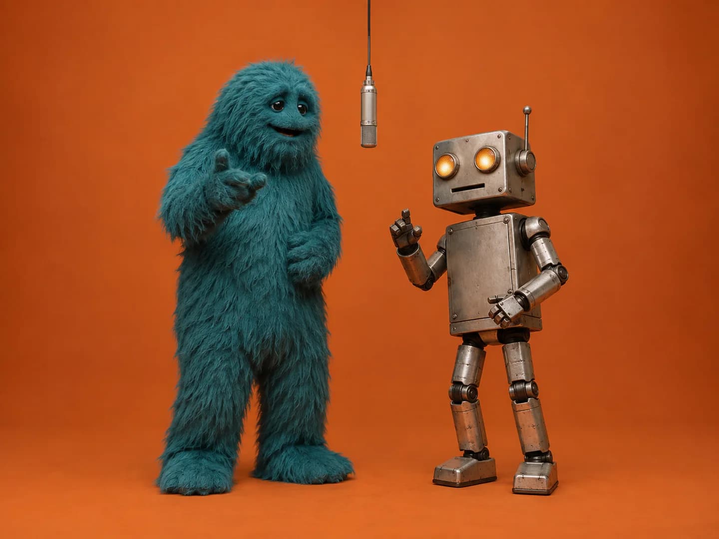 An original fuzzy teal mascot and a silver robot performing a duet