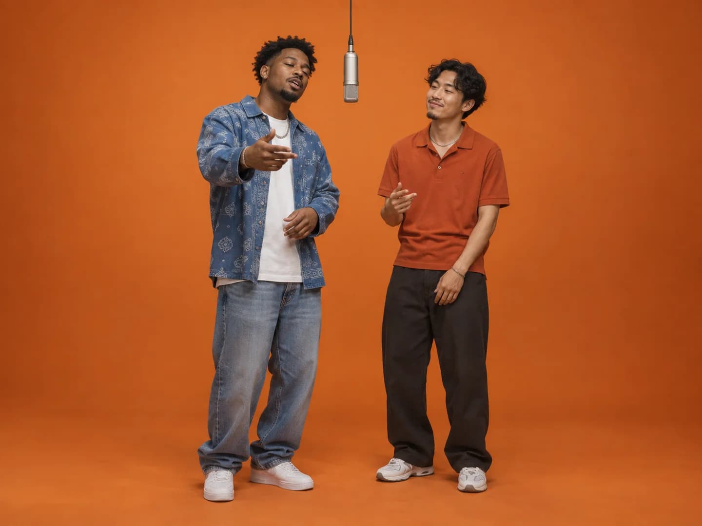 Two friends trading verses under a hanging microphone in an orange studio