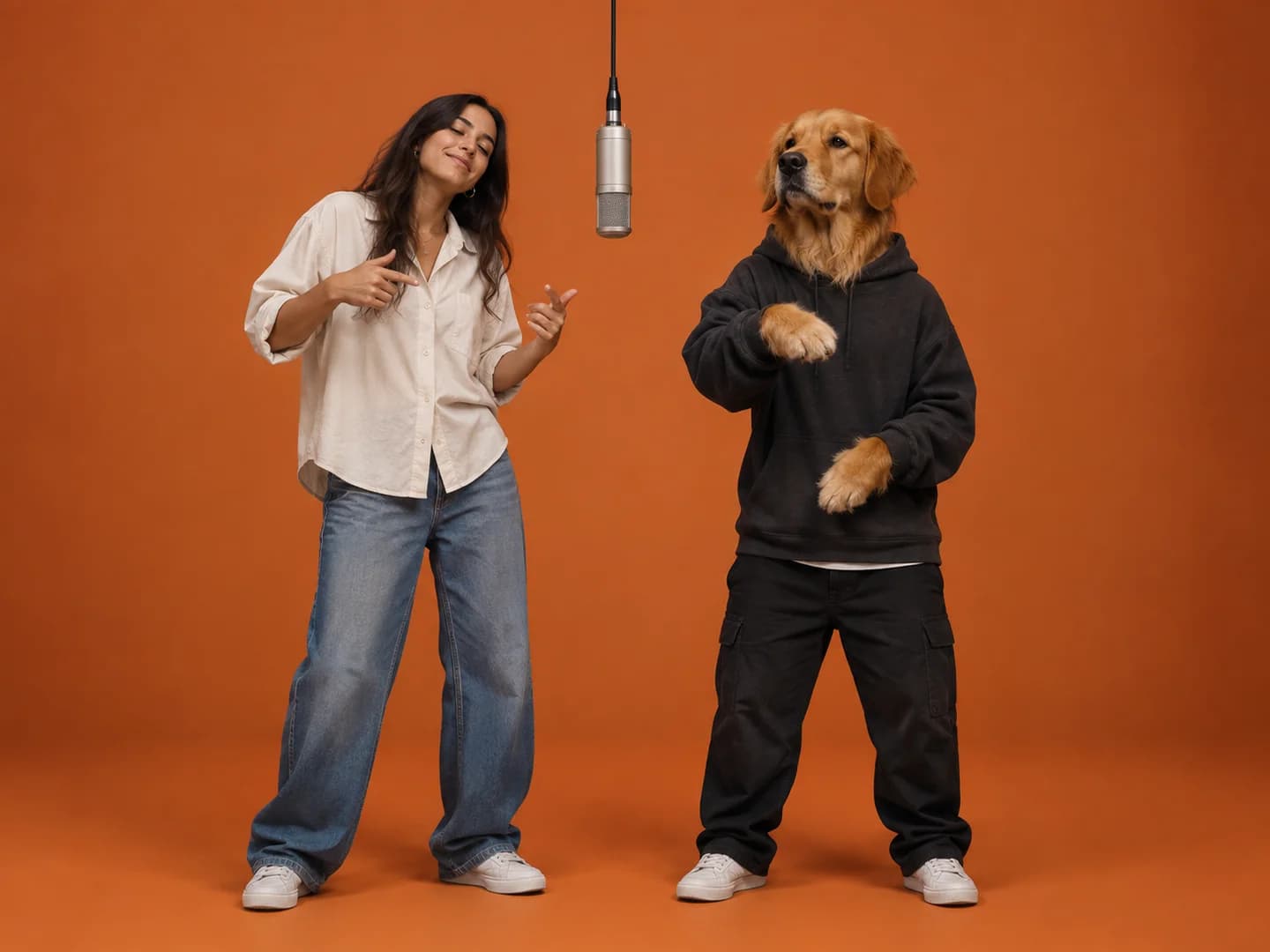 A woman and her golden retriever performing together in the orange booth